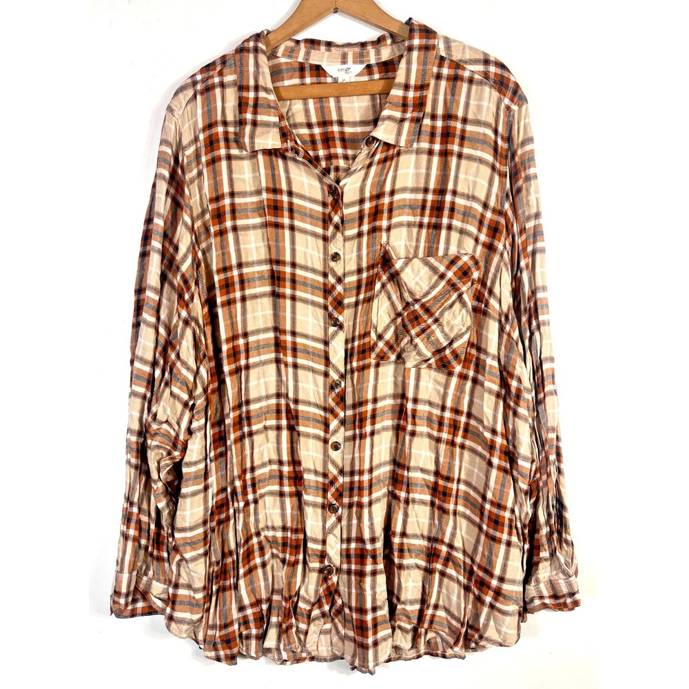 Terra & Sky Shirt Top 5X Button Up Tan Brown Plaid Country Western Cowgirl Women